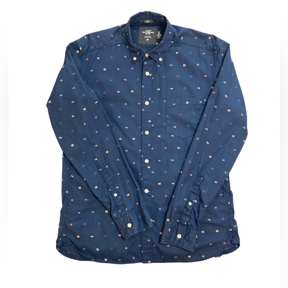 H&M Men’s Medium Navy Blug Nautical Flag Pattern Dress Shirt